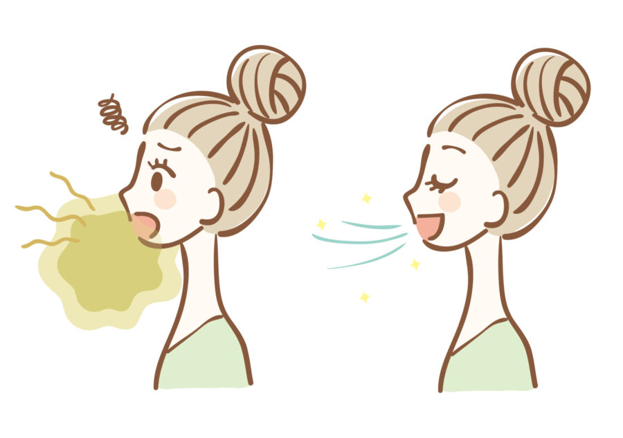 Illustration of brunette woman with a bun looks sad because she has a cloud of bad breath then looks happy because her breath is fresh