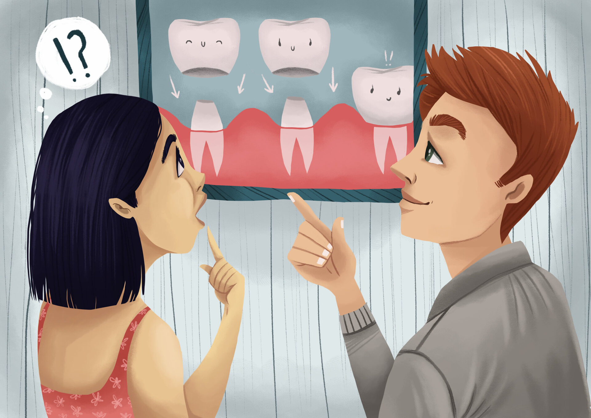 animated man and woman looking at a drawing of dental crowns