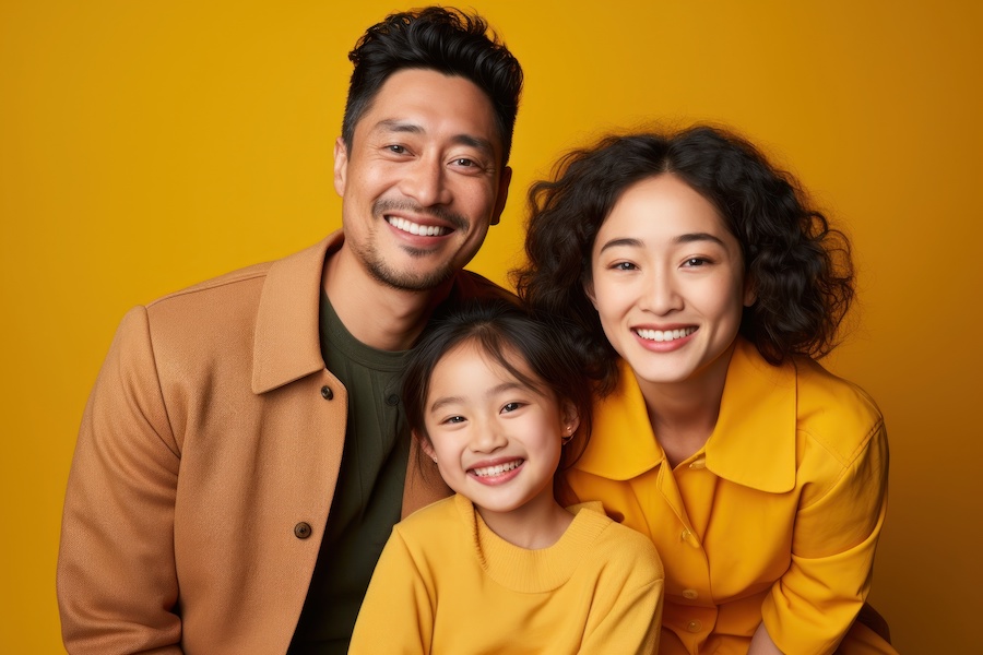 A dad, mom, and daughter smile together wearing gold against a yellow background